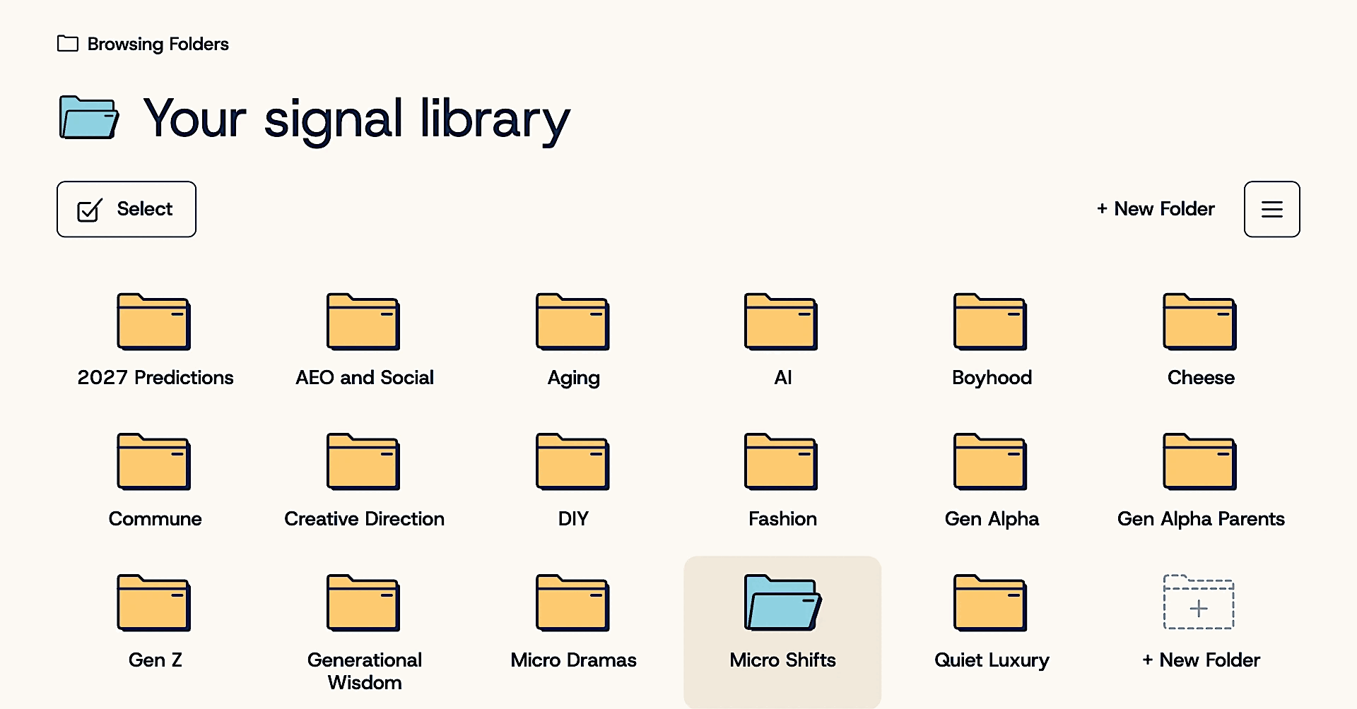 Your signal library: folders of saved insights, from 2027 Predictions to Quiet Luxury.
